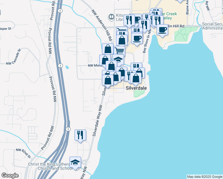 map of restaurants, bars, coffee shops, grocery stores, and more near 3607 Northwest Byron Street in Silverdale