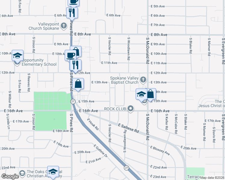 map of restaurants, bars, coffee shops, grocery stores, and more near 1402 South Virginia Road in Spokane Valley