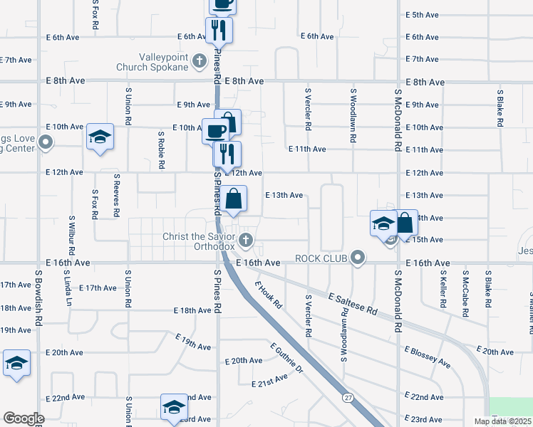 map of restaurants, bars, coffee shops, grocery stores, and more near 1321 South Houk Road in Spokane Valley