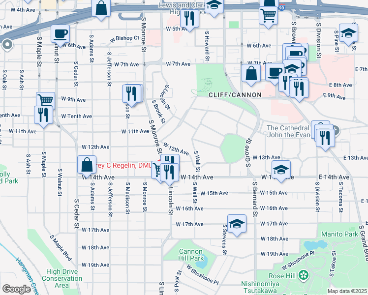 map of restaurants, bars, coffee shops, grocery stores, and more near 744 West 12th Avenue in Spokane