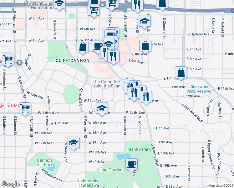 map of restaurants, bars, coffee shops, grocery stores, and more near 1117 South Browne Street in Spokane