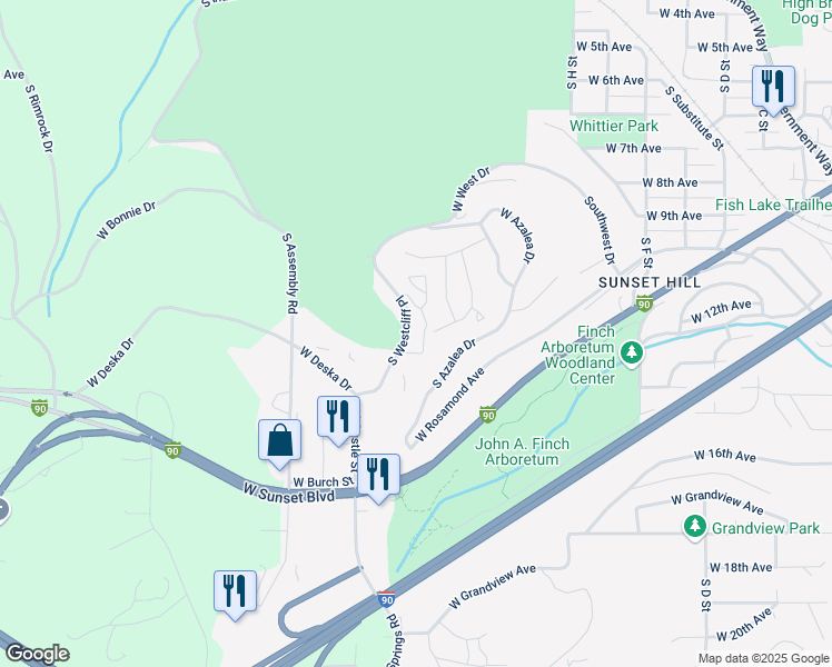 map of restaurants, bars, coffee shops, grocery stores, and more near 1101 South Westcliff Place in Spokane