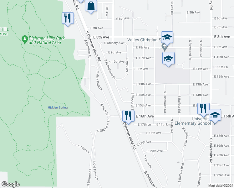 map of restaurants, bars, coffee shops, grocery stores, and more near 1306 South Robinhood Street in Spokane Valley