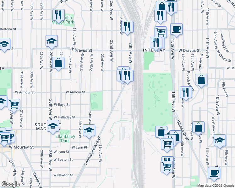 map of restaurants, bars, coffee shops, grocery stores, and more near 2663 Thorndyke Avenue West in Seattle