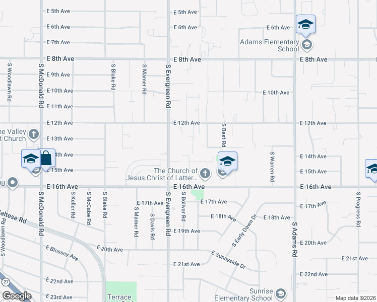 map of restaurants, bars, coffee shops, grocery stores, and more near 1318 South Bolivar Road in Spokane Valley