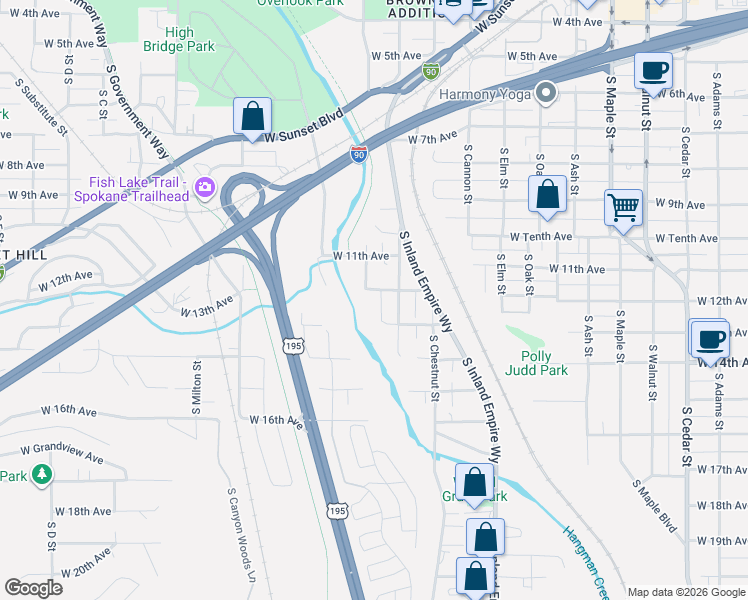 map of restaurants, bars, coffee shops, grocery stores, and more near 2215 West 12th Avenue in Spokane