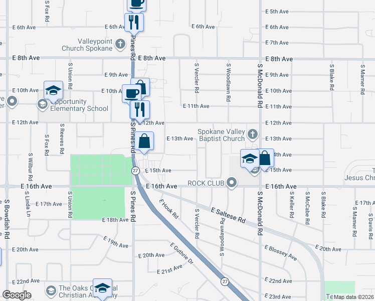 map of restaurants, bars, coffee shops, grocery stores, and more near 12609 East 14th Avenue in Spokane Valley