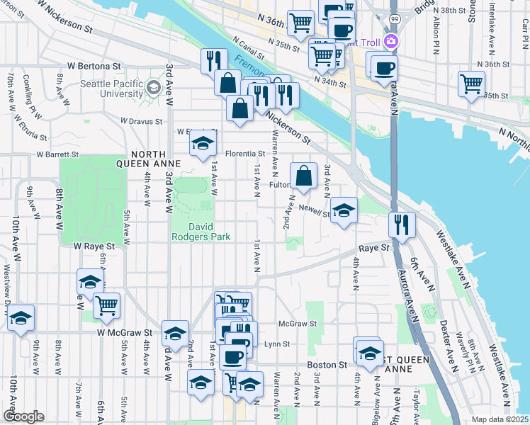 map of restaurants, bars, coffee shops, grocery stores, and more near 109 Newell Street in Seattle