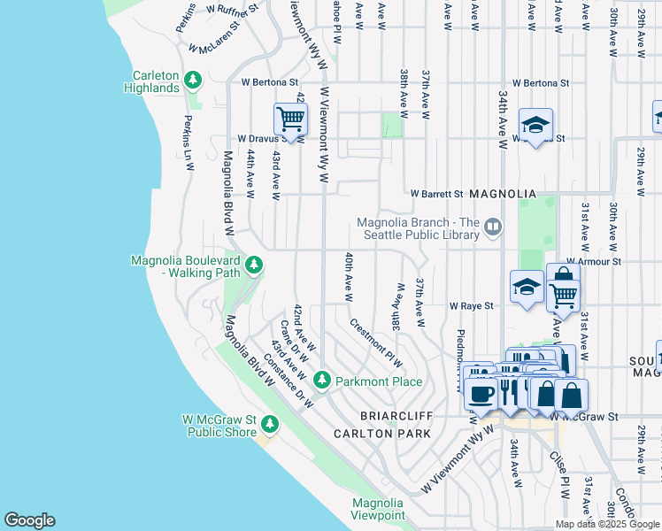 map of restaurants, bars, coffee shops, grocery stores, and more near 2642 West Viewmont Way West in Seattle