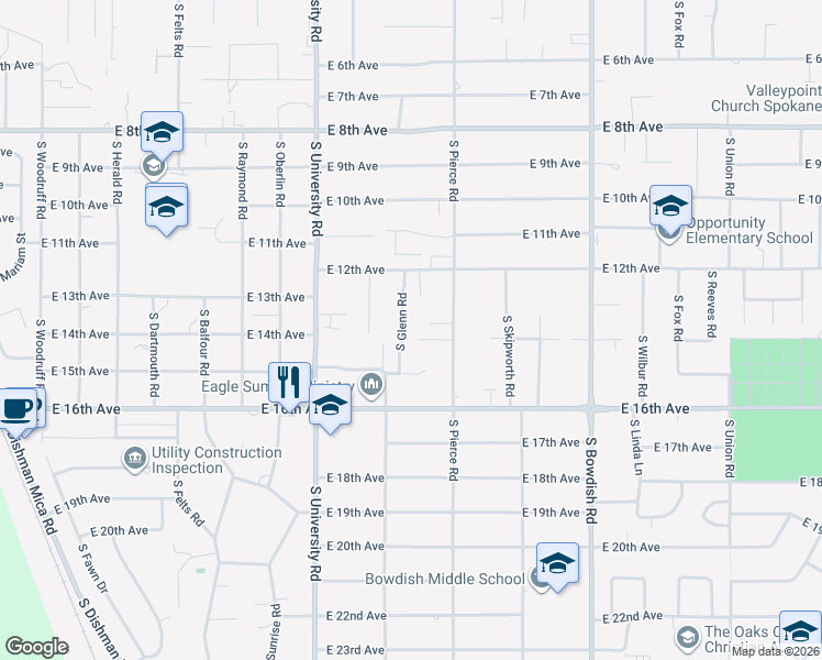 map of restaurants, bars, coffee shops, grocery stores, and more near 1327 South Glenn Road in Spokane Valley