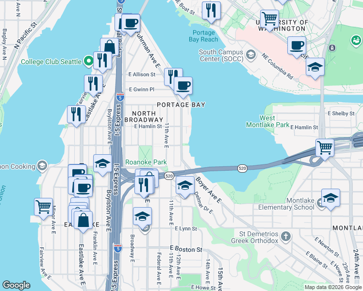 map of restaurants, bars, coffee shops, grocery stores, and more near Boyer Avenue East & East Edgar Street in Seattle