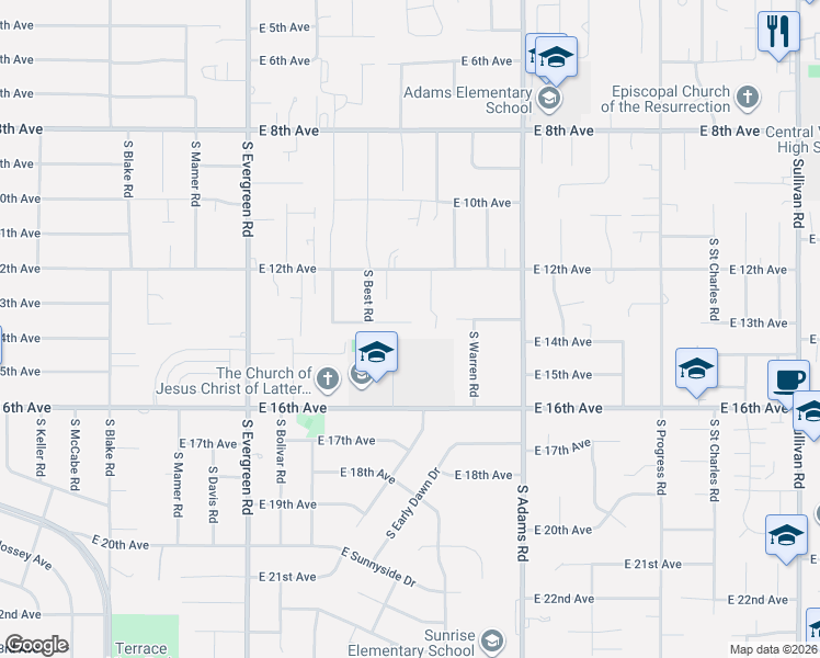 map of restaurants, bars, coffee shops, grocery stores, and more near 14408 East 12th Avenue in Spokane Valley