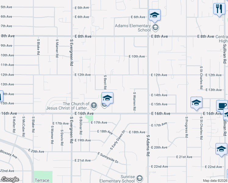 map of restaurants, bars, coffee shops, grocery stores, and more near 14408 East 12th Avenue in Spokane Valley