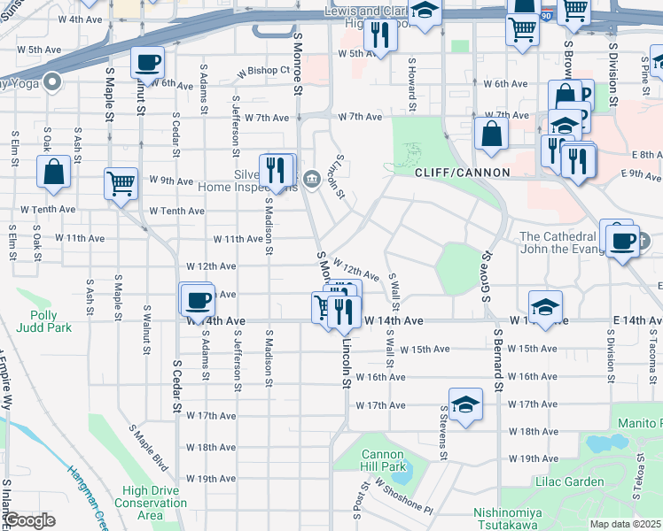map of restaurants, bars, coffee shops, grocery stores, and more near 825 West 12th Avenue in Spokane