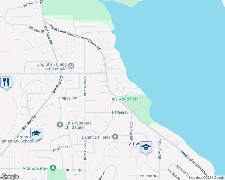 map of restaurants, bars, coffee shops, grocery stores, and more near 3827 West Lake Sammamish Parkway Northeast in Redmond
