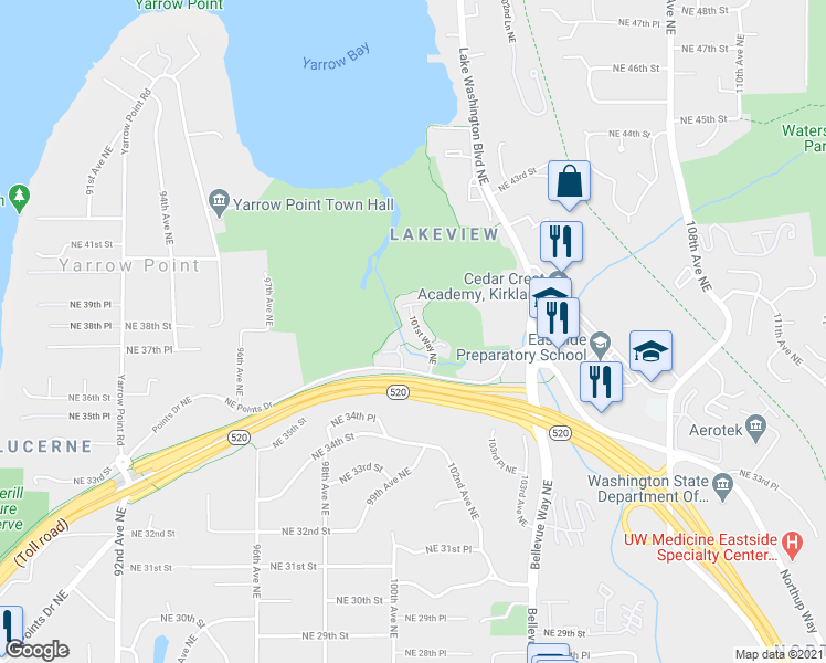 map of restaurants, bars, coffee shops, grocery stores, and more near 3727 101st Way Northeast in Kirkland