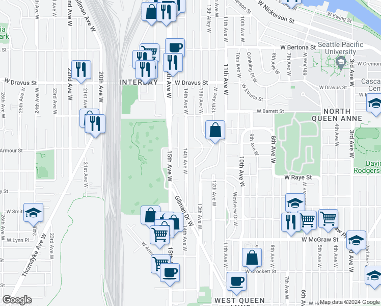 map of restaurants, bars, coffee shops, grocery stores, and more near 2650 14th Avenue West in Seattle