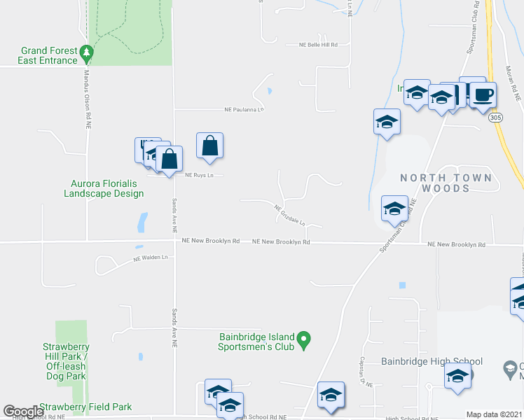 map of restaurants, bars, coffee shops, grocery stores, and more near 8499 Northeast Grizdale Lane in Bainbridge Island