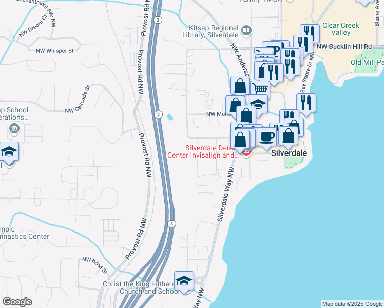 map of restaurants, bars, coffee shops, grocery stores, and more near 9009 Martin Avenue Northwest in Silverdale