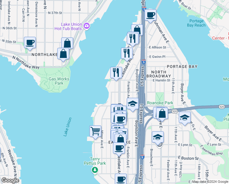 map of restaurants, bars, coffee shops, grocery stores, and more near 128 East Edgar Street in Seattle