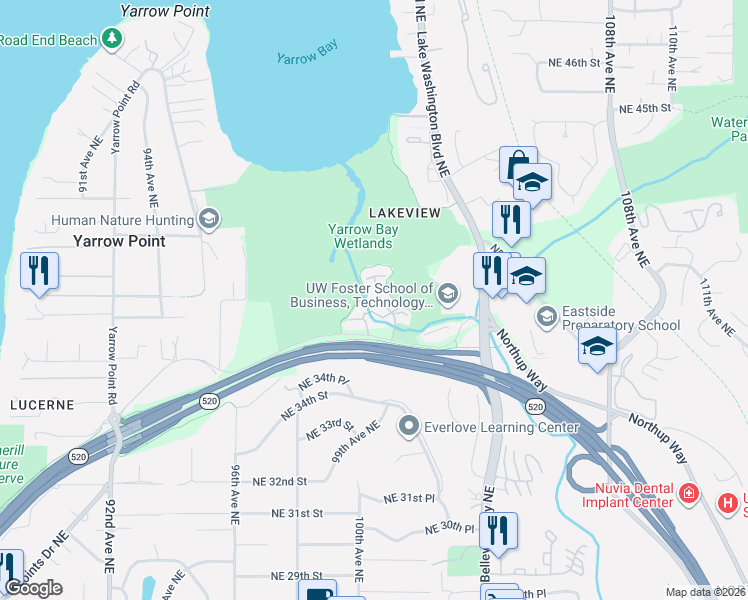 map of restaurants, bars, coffee shops, grocery stores, and more near 10007 Northeast 37th Court in Kirkland