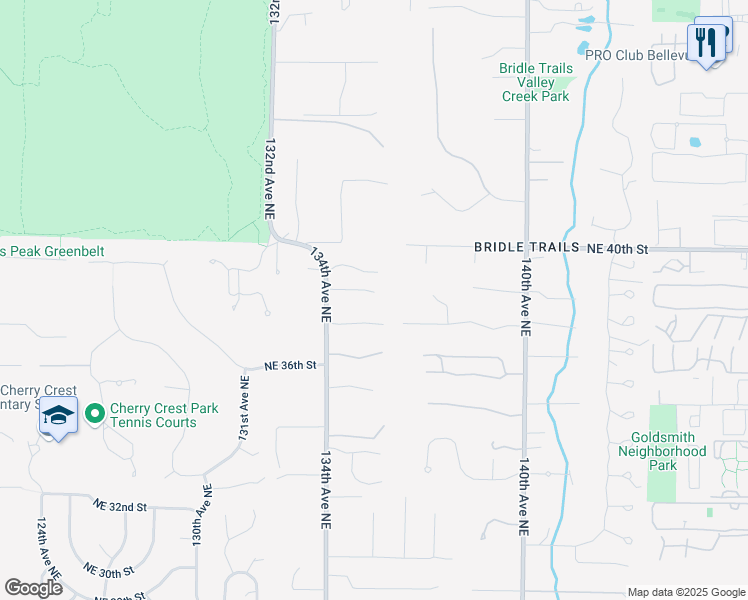 map of restaurants, bars, coffee shops, grocery stores, and more near 13501 Northeast 38th Place in Bellevue