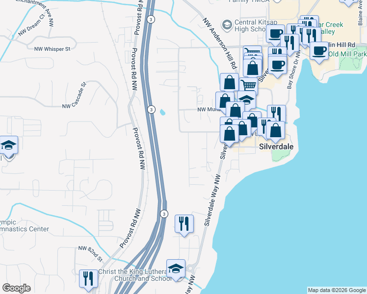 map of restaurants, bars, coffee shops, grocery stores, and more near 9009 Martin Avenue Northwest in Silverdale