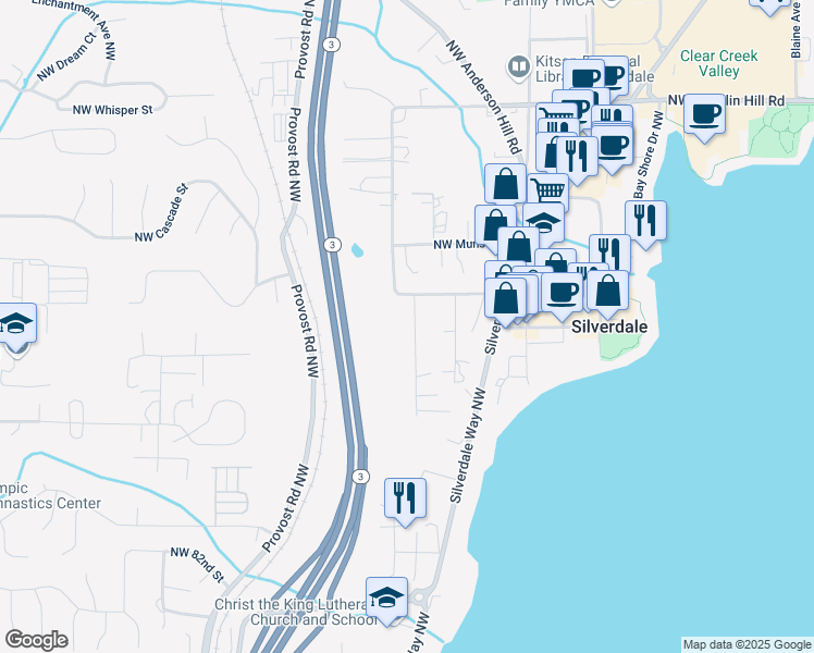 map of restaurants, bars, coffee shops, grocery stores, and more near 9009 Martin Avenue Northwest in Silverdale