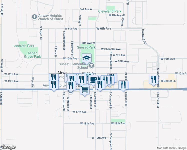 map of restaurants, bars, coffee shops, grocery stores, and more near 12801 West 12th Avenue in Airway Heights