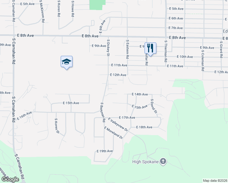 map of restaurants, bars, coffee shops, grocery stores, and more near 6105 East 14th Lane in Spokane Valley