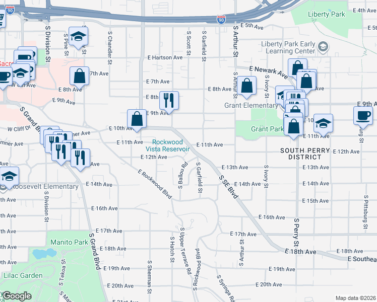 map of restaurants, bars, coffee shops, grocery stores, and more near 1204 South Ballou Road in Spokane