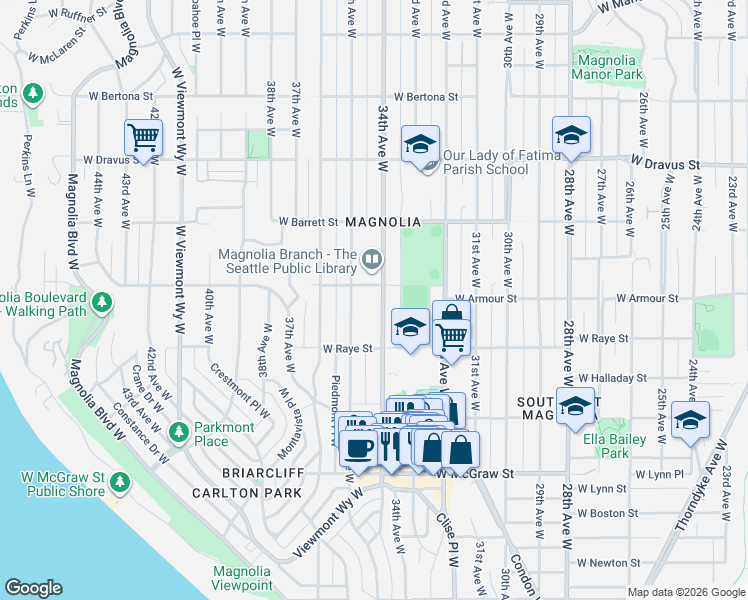map of restaurants, bars, coffee shops, grocery stores, and more near 2645 34th Avenue West in Seattle