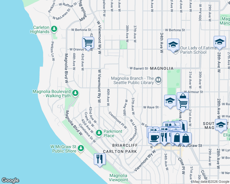 map of restaurants, bars, coffee shops, grocery stores, and more near 2647 39th Avenue West in Seattle