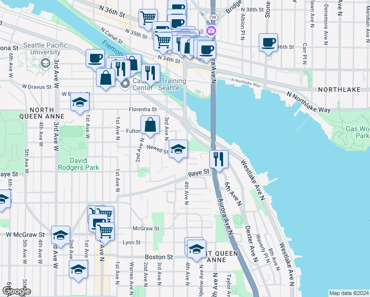 map of restaurants, bars, coffee shops, grocery stores, and more near 2700 Nob Hill Avenue North in Seattle