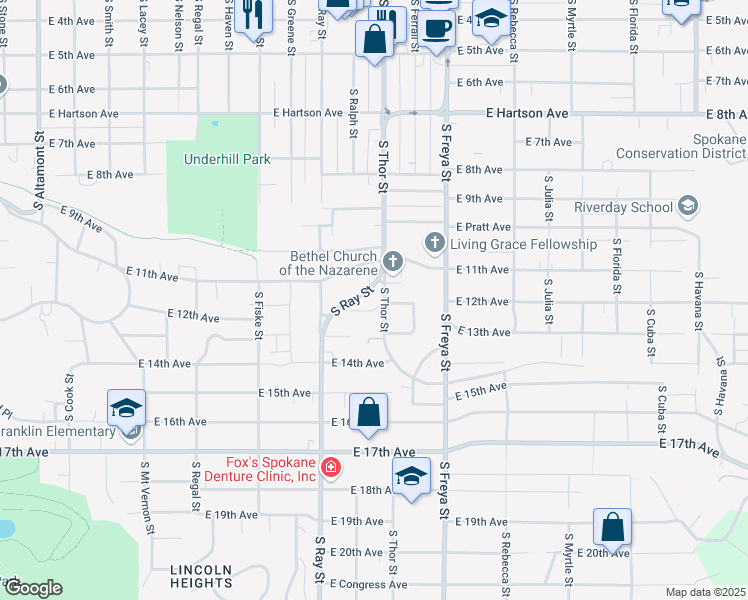 map of restaurants, bars, coffee shops, grocery stores, and more near 3303 East 12th Place in Spokane