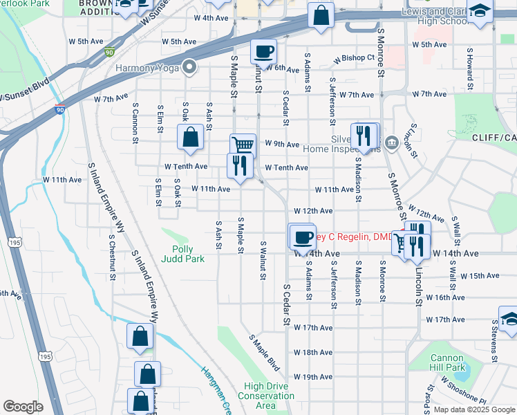 map of restaurants, bars, coffee shops, grocery stores, and more near 1421 West 12th Avenue in Spokane