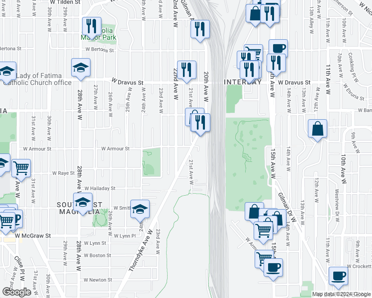 map of restaurants, bars, coffee shops, grocery stores, and more near 2663 Thorndyke Avenue West in Seattle