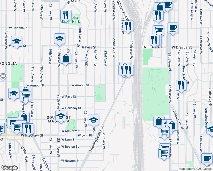 map of restaurants, bars, coffee shops, grocery stores, and more near 2304 West Armour Street in Seattle