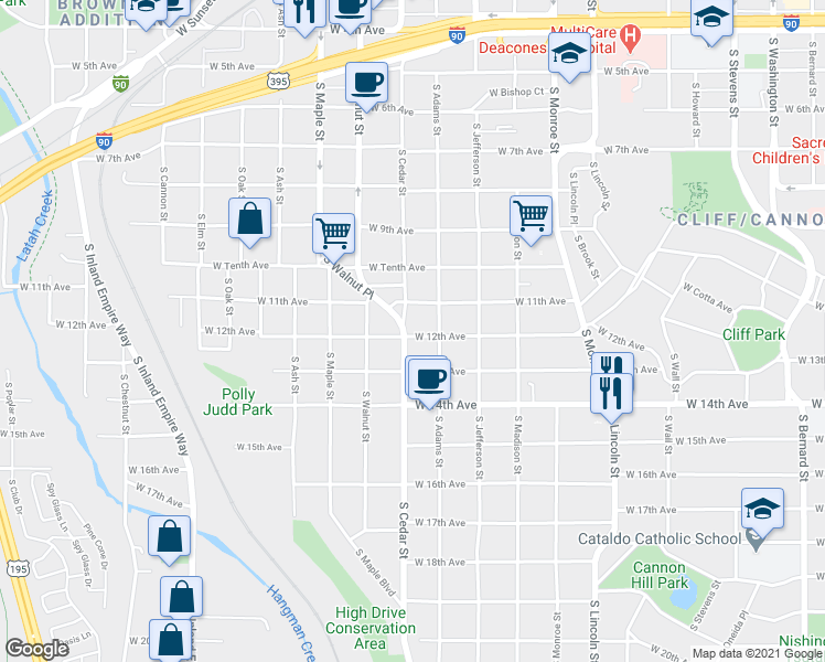 map of restaurants, bars, coffee shops, grocery stores, and more near 1125 South Cedar Street in Spokane