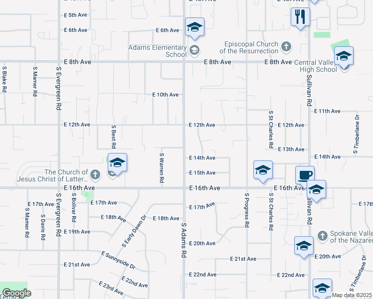 map of restaurants, bars, coffee shops, grocery stores, and more near 1315 South Adams Road in Spokane Valley