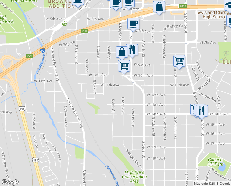 map of restaurants, bars, coffee shops, grocery stores, and more near 1129 South Ash Street in Spokane