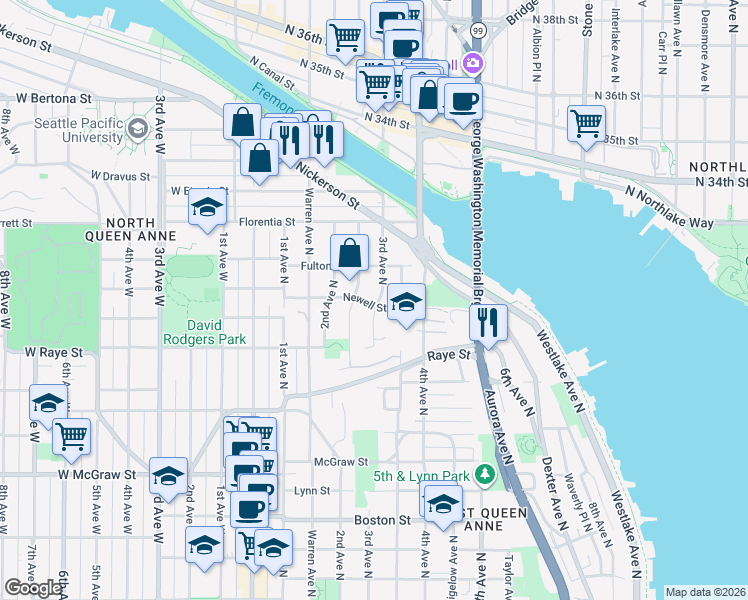 map of restaurants, bars, coffee shops, grocery stores, and more near 2703 3rd Avenue North in Seattle