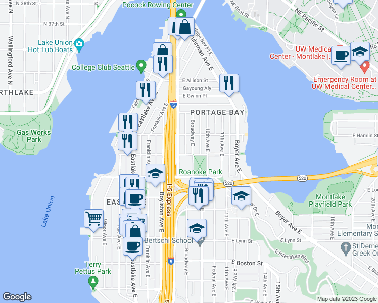 map of restaurants, bars, coffee shops, grocery stores, and more near 818 East Edgar Street in Seattle