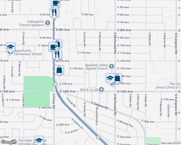 map of restaurants, bars, coffee shops, grocery stores, and more near 1402 South Virginia Road in Spokane Valley