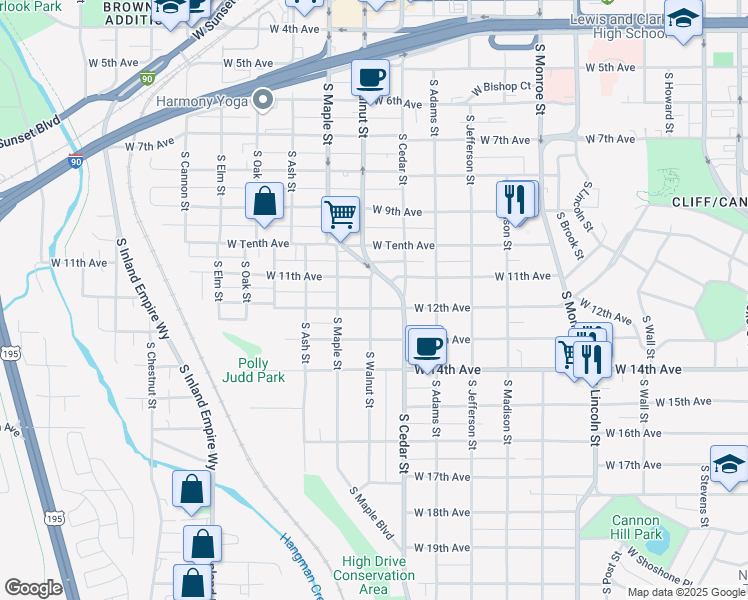 map of restaurants, bars, coffee shops, grocery stores, and more near 1421 West 12th Avenue in Spokane