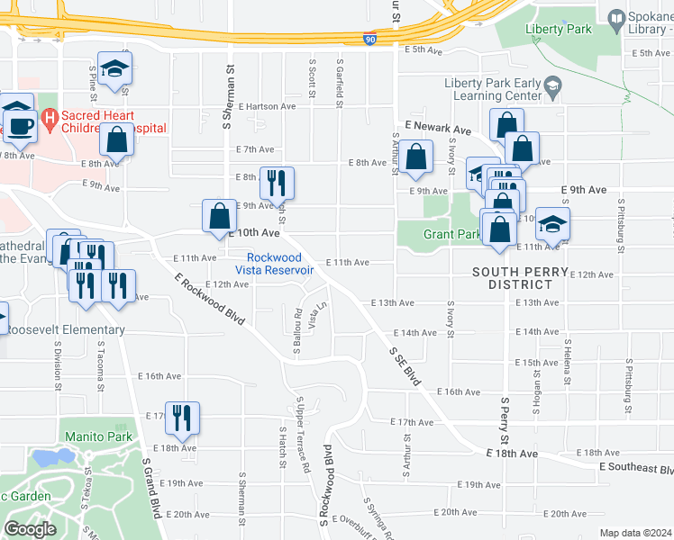 map of restaurants, bars, coffee shops, grocery stores, and more near 830 East 11th Avenue in Spokane