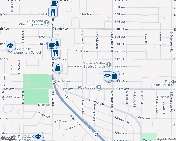 map of restaurants, bars, coffee shops, grocery stores, and more near 1402 South Virginia Road in Spokane Valley