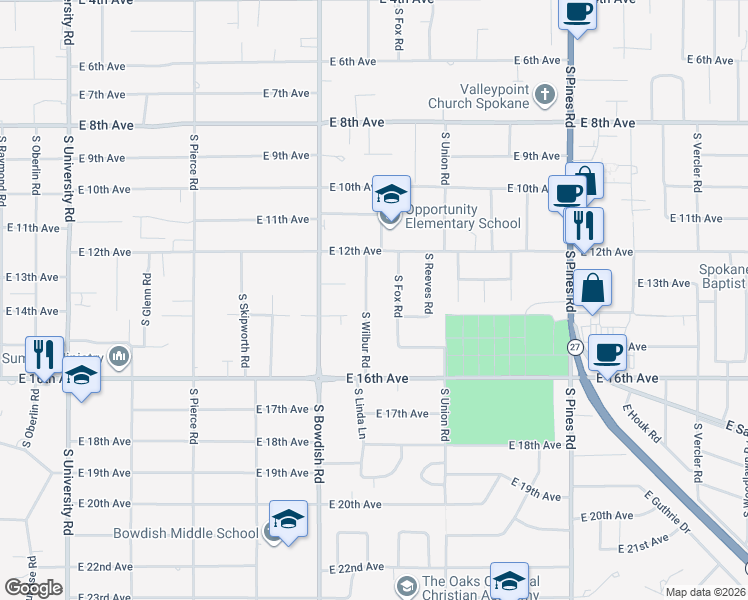 map of restaurants, bars, coffee shops, grocery stores, and more near 1322 South Wilbur Road in Spokane Valley
