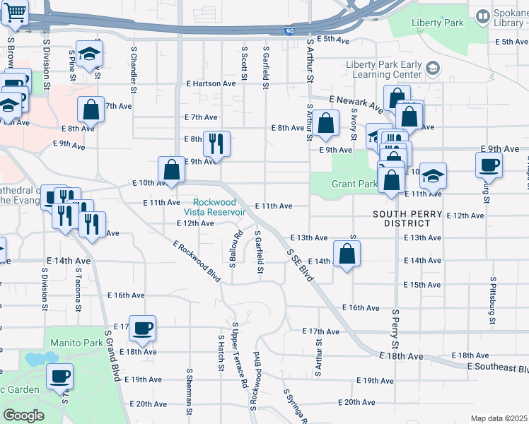 map of restaurants, bars, coffee shops, grocery stores, and more near 840 East 11th Avenue in Spokane