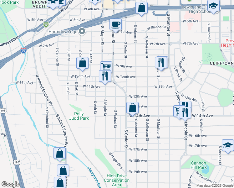 map of restaurants, bars, coffee shops, grocery stores, and more near 1421 West 12th Avenue in Spokane